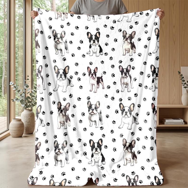 French Bulldog Pattern with Bones Hearts Theme blanket Lightweight Warm Flannel Blanket Decorative Throw Blanket for Home Decoration