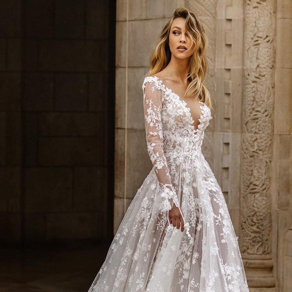 Abito da Sera da Matrimonio Europeo e Americano Primavera/Estate 2025 - Abito Lungo Sexy in Pizzo con Maniche Lunghe