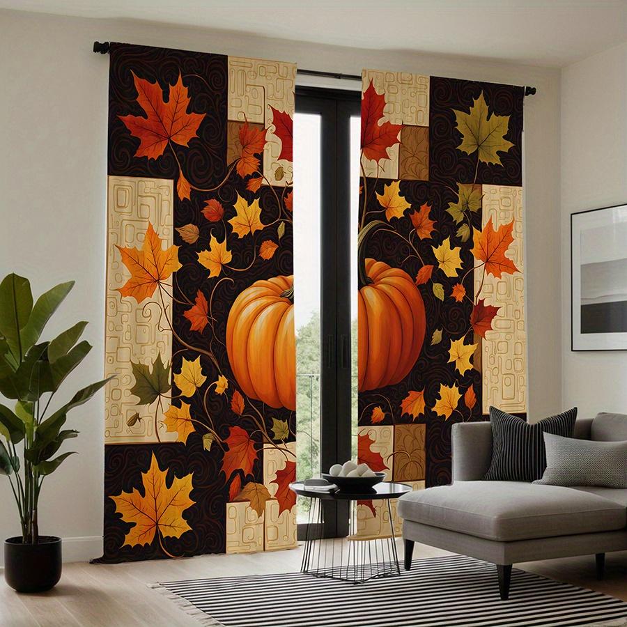 2 Pieces Autumn Pumpkin and Maple Leaf Print Curtains   Polyester Fabric   Suitable for Bedroom Living Room Decoration