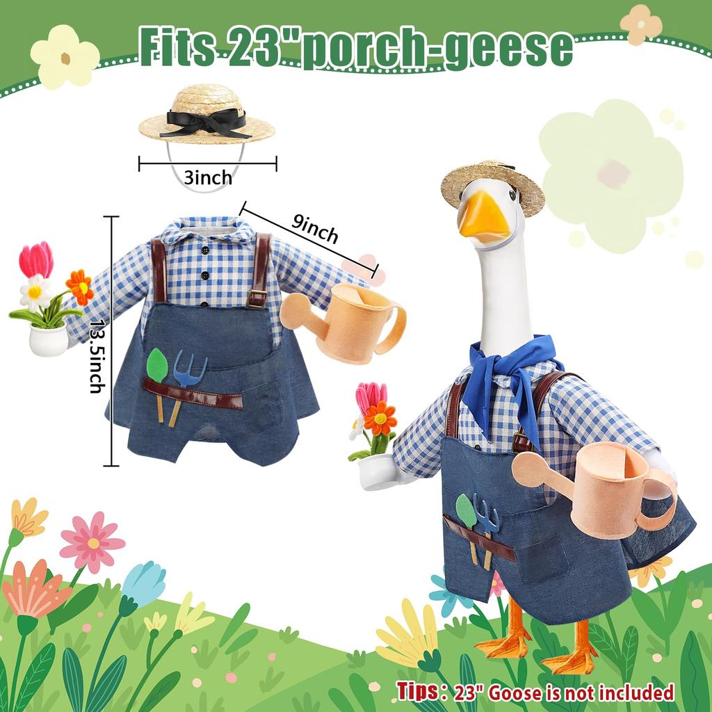 Gardener Porch Goose Outfit Set 2 Piece Clothes Fits 23 Inch Cement Plastic Goose Statue   Includes Hat  Scarf  Watering Can  Flower Pot  Tools