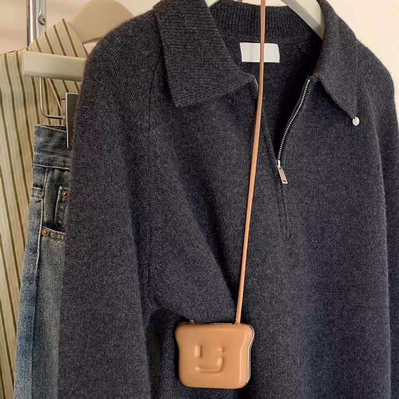 Fall Winter Pullover Women Style Refined Shell Button Turn Down Collar Long Sleeve Premium Half Zip Knit Sweater