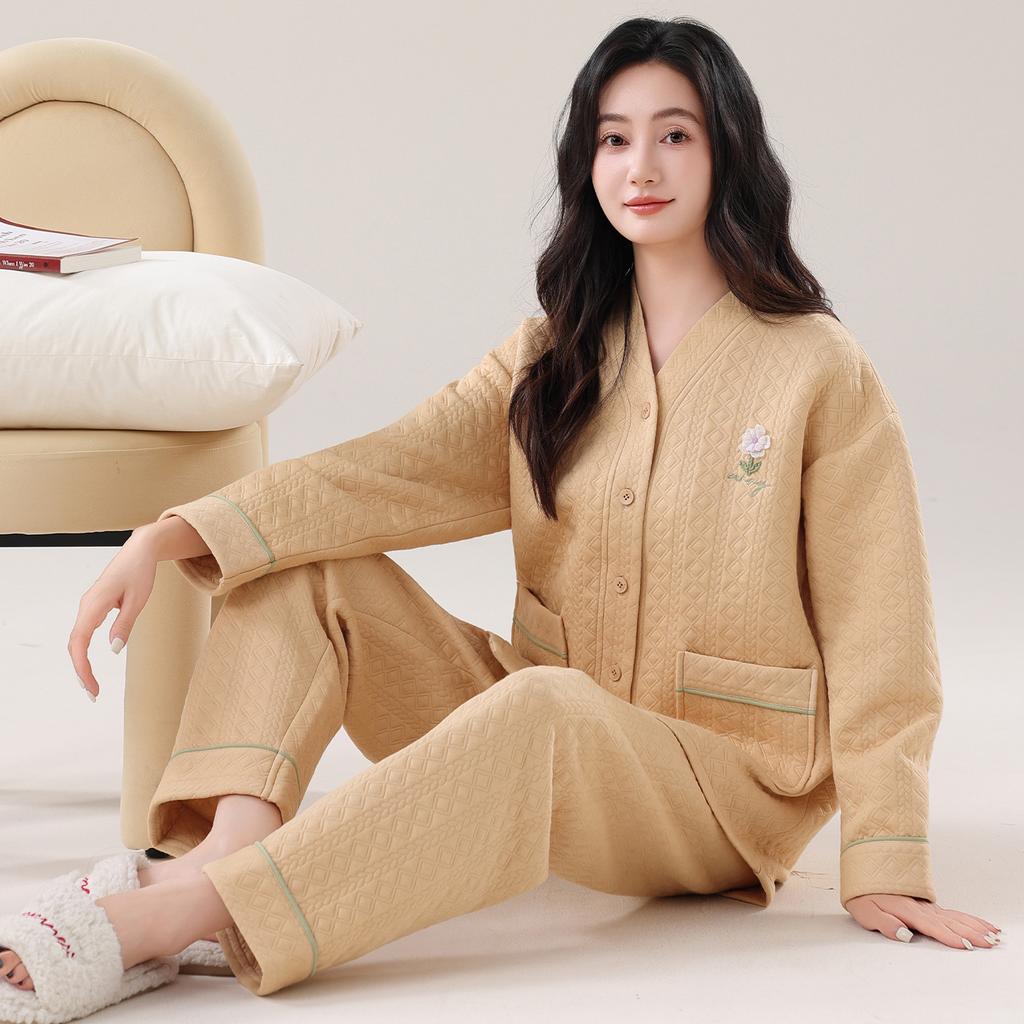 Pajamas women's spring and autumn thickened pure cotton long-sleeved autumn and winter air cotton interlayer thin padded loungewear set