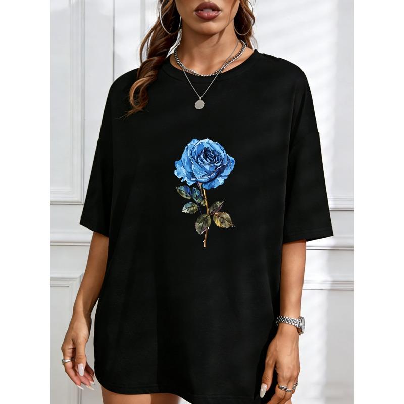 White Short Sleeve T Shirt With Blue Rose Print For Casual Wear