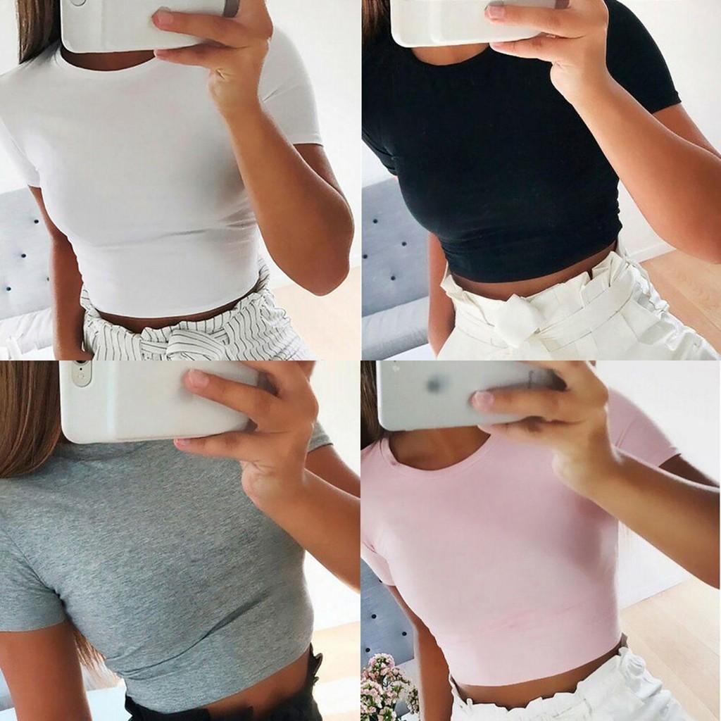 Elegant Women Summer Beach Short Sleeve Blouse T-shirt Slim Fit Crop Tank Top