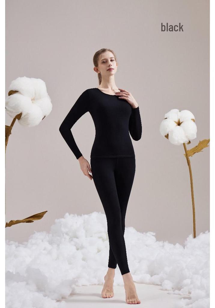 Women's Autumn Lambswool & Fleece Thermal Set: 460g Brushed Velvet Top & Bottoms for Cold Weather
