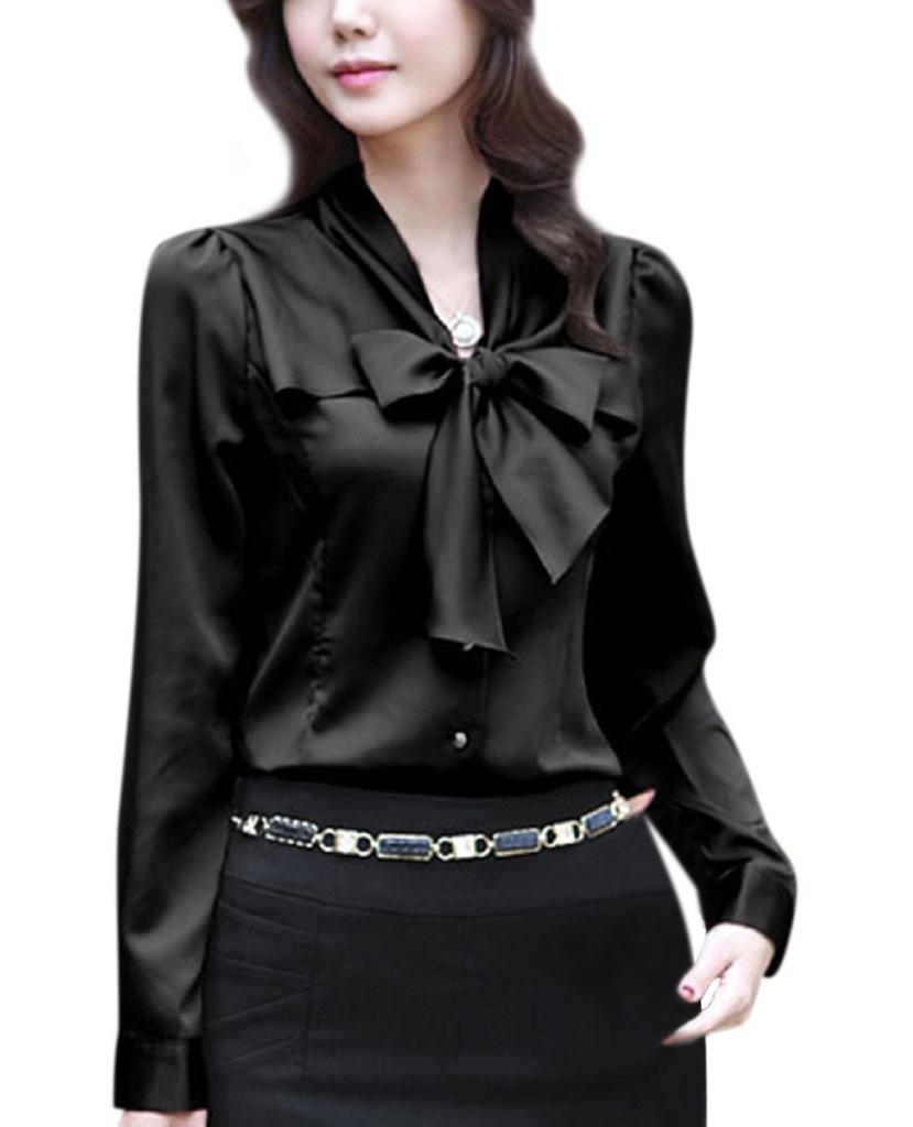 Lunar Berry 3803 Long Sleeve Satin Blouse with Ribbon Perfect for Office Features a ribbon tucked and a simple (M, Black) - Tie, Wear. collar, hem,