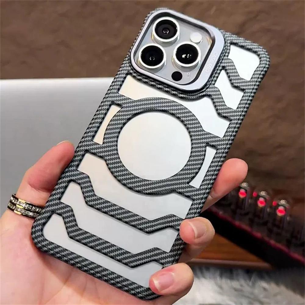 Luxury Carbon Fiber Pattern Heat Dissipation Phone Case for iPhone 16 15 14 13 12 Pro Max Camera Hidden Bracket Shockproof Cover