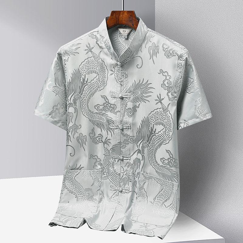 Ανδρικό κοντομάνικο πουκάμισο σε κινέζικο στυλ, καλοκαιρινό, με όρθιο γιακά, μονόκουμπο, διακοσμημένο με σχέδια κινέζικου δράκου.
