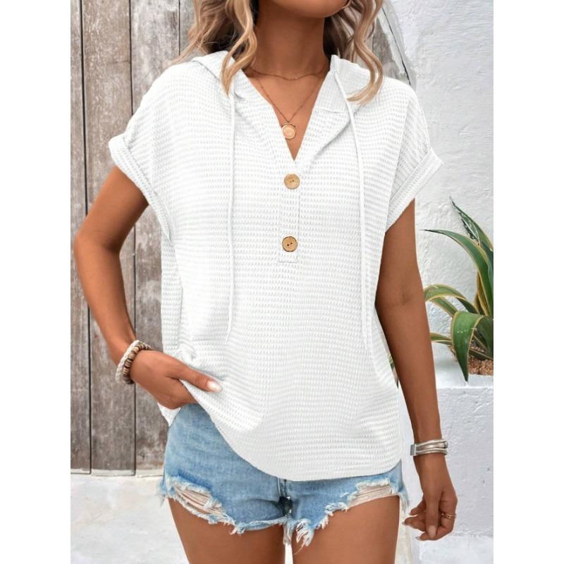 

Весенняя новая повседневная футболка с капюшоном и модный топ с короткими рукавами на пуговицах XL белый