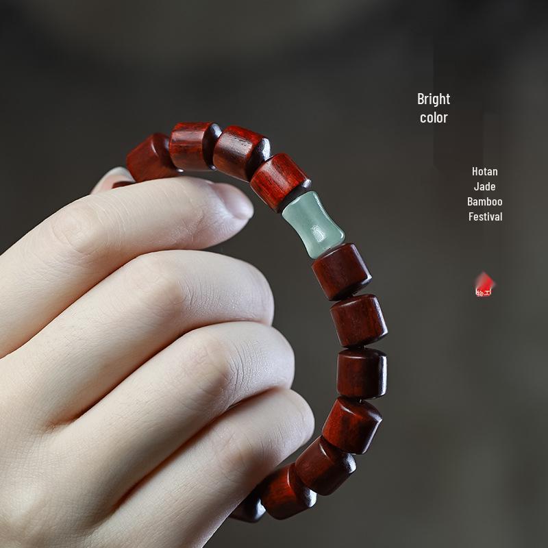 Red Sandalwood and Hetian Jade Beaded Bracelet for Men and Women - Buddhist Prayer Beads with Barrel and Bamboo Section Design.
