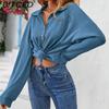BITCED Women's Fall/Winter Polo Neck Button-Up Solid Color Long-Sleeve T-Shirt