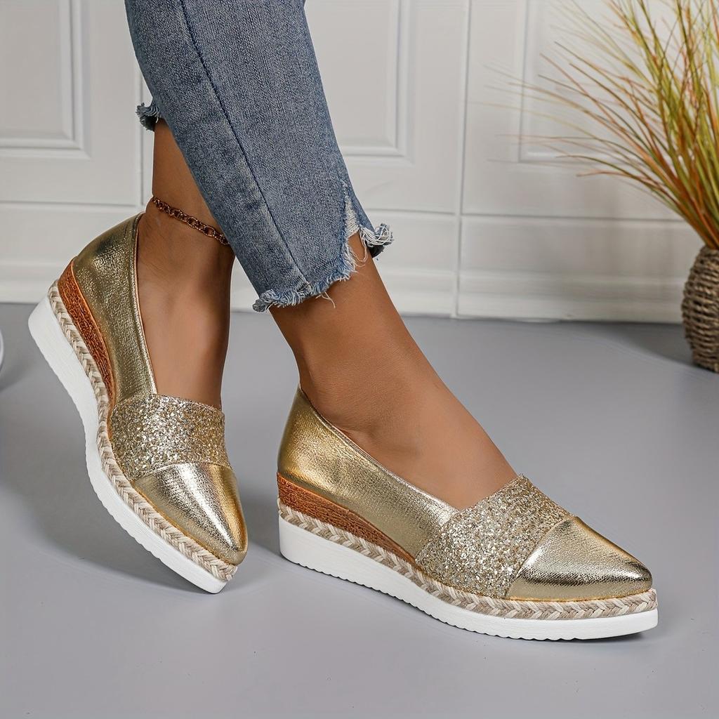 Women's Spring Pointed-Toe Sequined Wedge Slip-On Flats in Plus Size