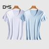 Men Summer T-shirt V Neck Thin Ice Silk Solid Color Thin Stretchy Pullover Mid Length Sweat Absorption Quick-drying Sport Fitness Top
