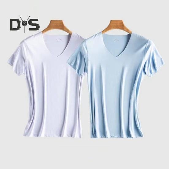 Men Summer T-shirt V Neck Thin Ice Silk Solid Color Thin Stretchy Pullover Mid Length Sweat Absorption Quick-drying Sport Fitness Top