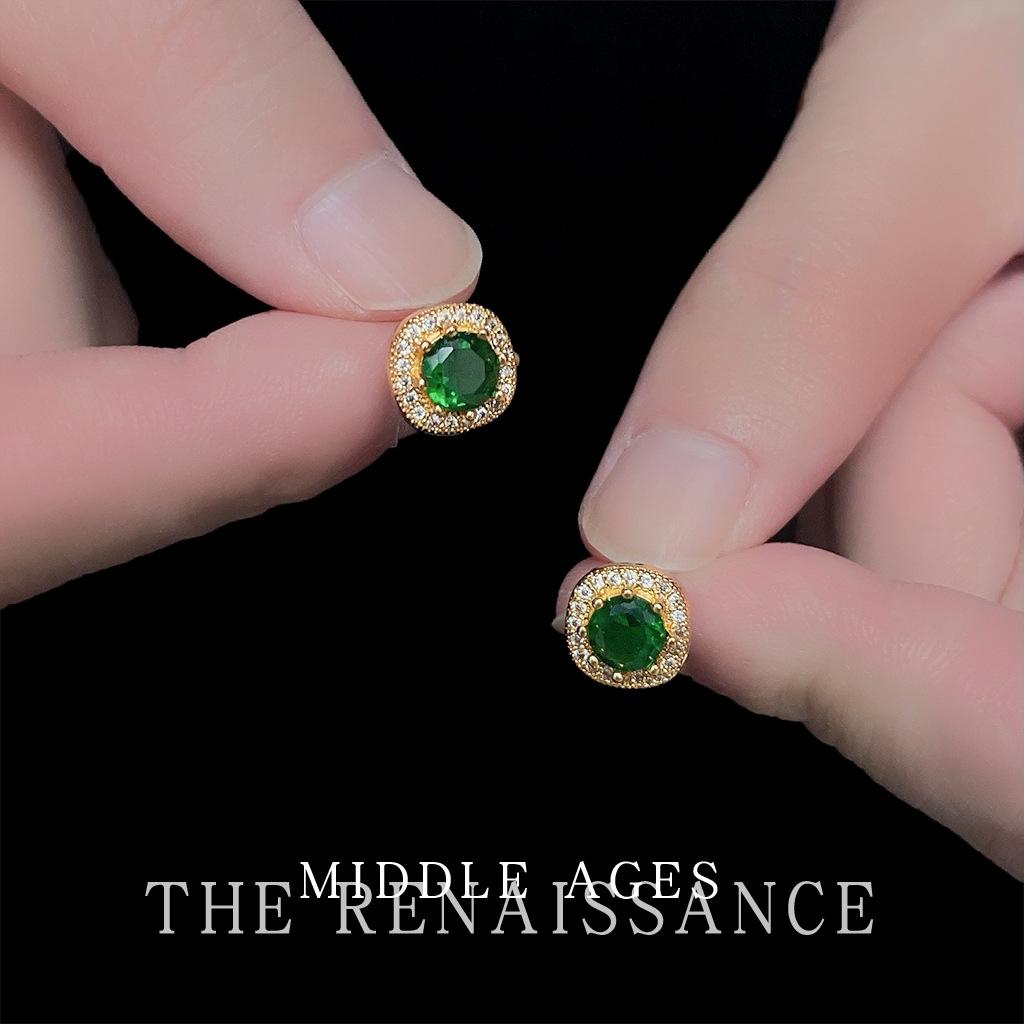 Серьги-пусеты из настоящего золота 18 карат с изумрудным цирконом, французские ретро-серьги в стиле легкой роскоши