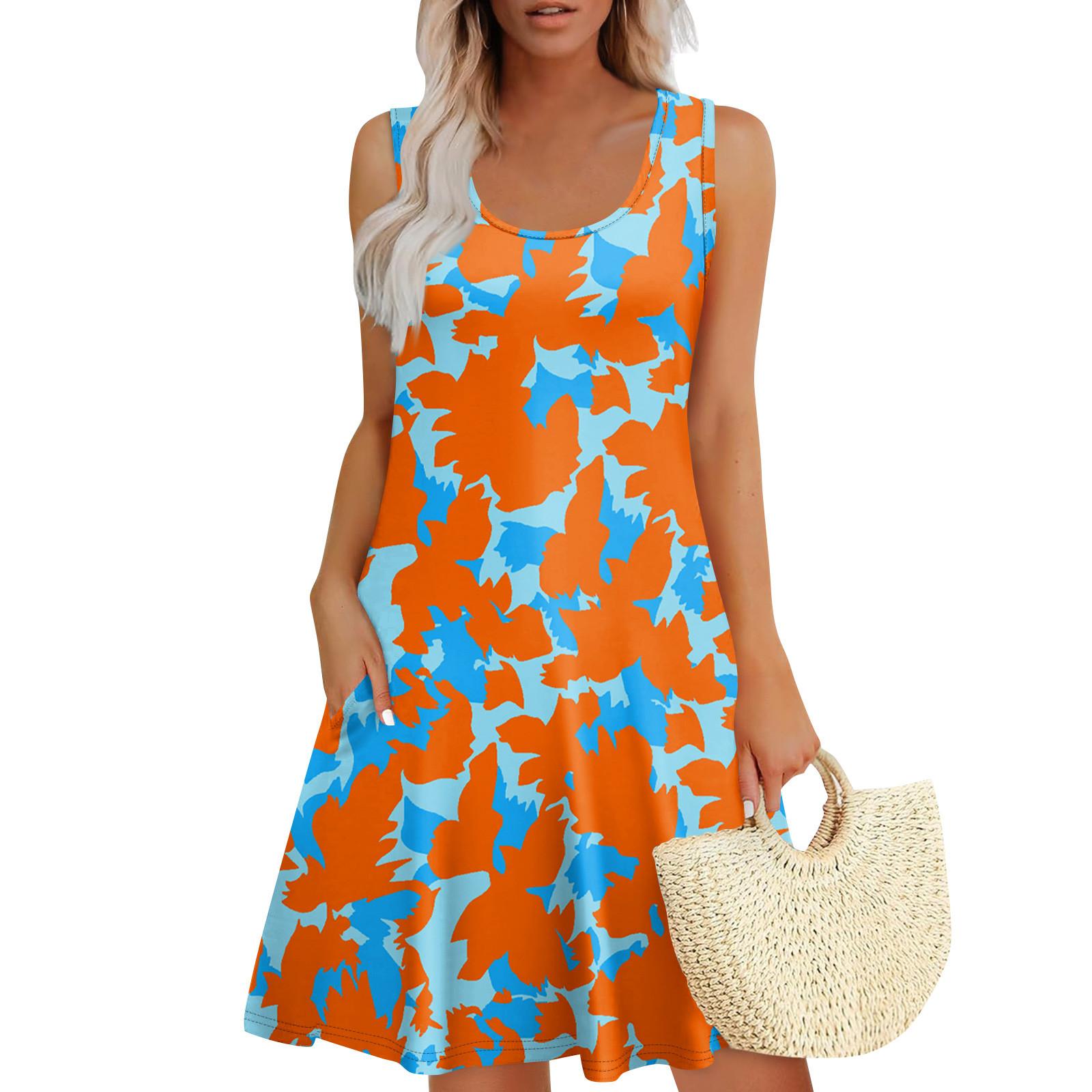 

Women s Summer Casual U-shaped Tie Pocket Popular Floral Print Dress M шафрановий