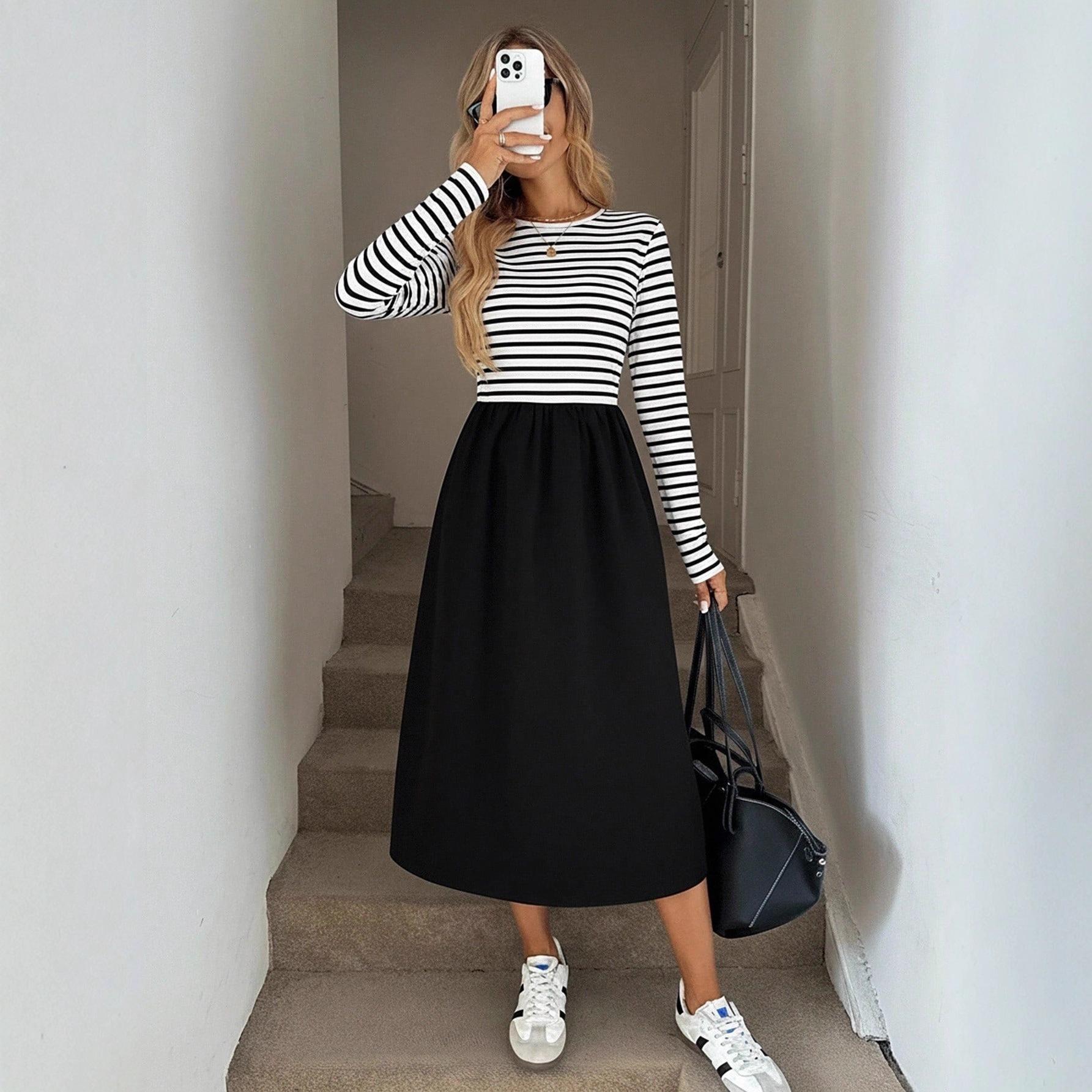 

Women s Spring, Autumn and Winter Black and White Striped Dress, Casual Medium and Long Dress, Crew Neck Long Sleeves XXL білий