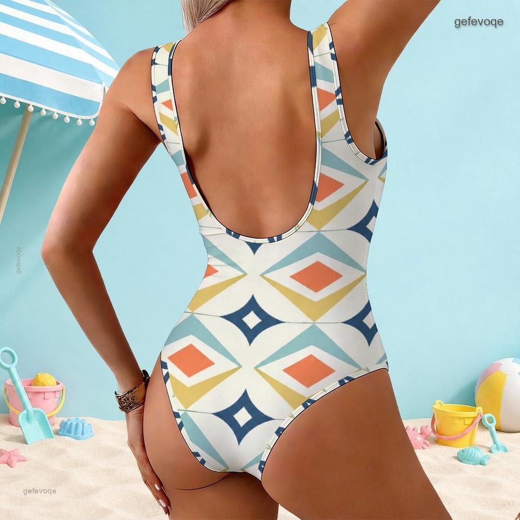 Women Plus Size Geometric Printed Scoop Neck Wide Strap One Piece High Cut Swimsuit
