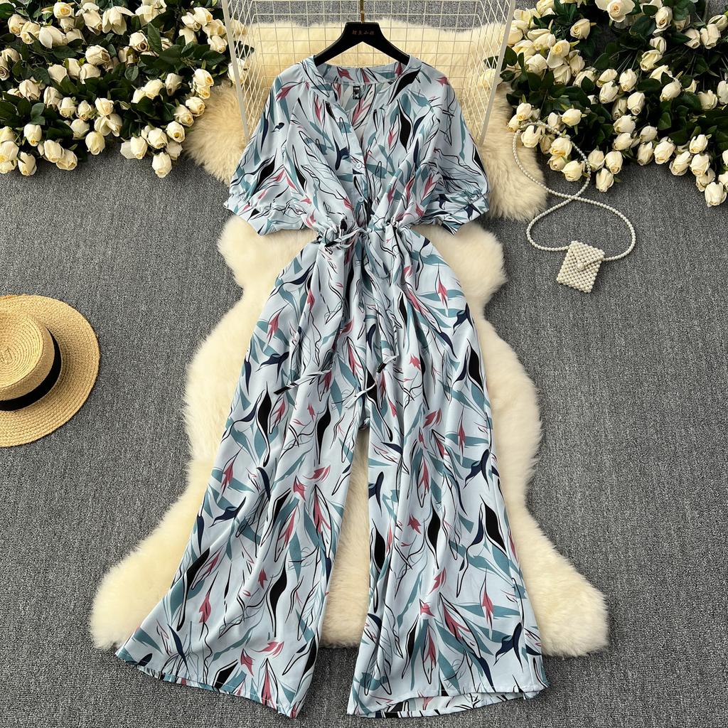 Short Sleeve Wide Leg Pants Jumpsuit Casual Elegant for Women Office Lady Print Bandage Femme Thin Slim V Neck Jumpsuit
