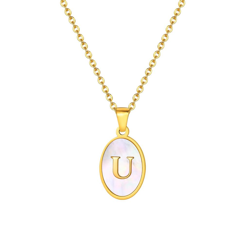 Stainless Steel Oval White Shell Letter A-Z Initial Pendant for Women,Gold Plated 26 Letters Necklaces,Trendy Jewelry Gift
