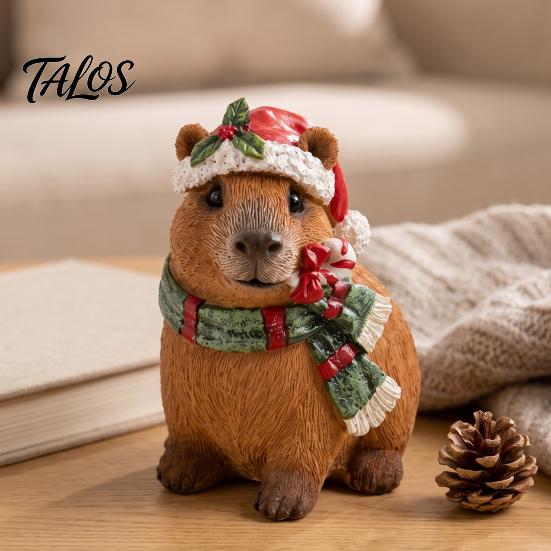 Cozy Interior Decor Pieces Christmas Capybara Resin Figurine, Statue with Santa Hat Scarf Wreath, Miniature Figures for Display Cute Tabletop Ornament