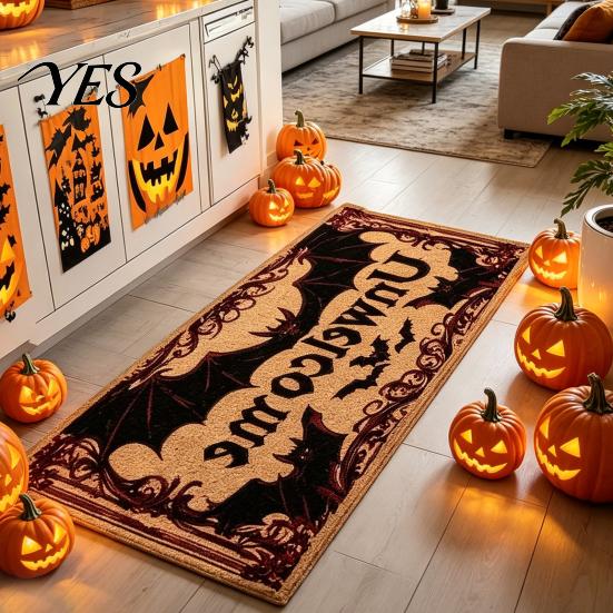 Halloween Themed Floor Rug Kitchen Rug, Pumpkin Bat Black Cat Non-slip Mat, Slip-resistant Mat Spooky Entrance Festive Decorative for Bedroom