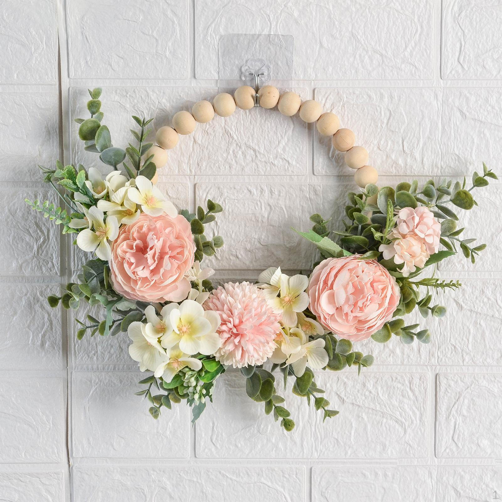 

Peony Wreath Faux Floral Round Wooden Bead Spring for Door Bedroom
