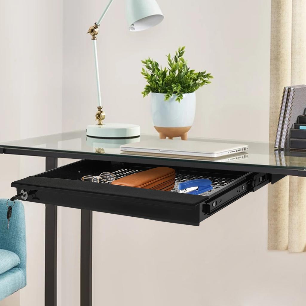 Under Desk Storage Drawer, Black Iron Pull-Out Organizer Tray with Lock & Key, - 4.4 lbs Capacity, Space Saving, Easy Install