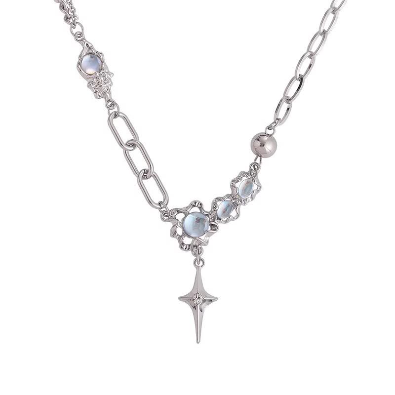 Titanium steel non-fading moonstone cross necklace women's summer light luxury niche design sense senior spice girl collarbone chain