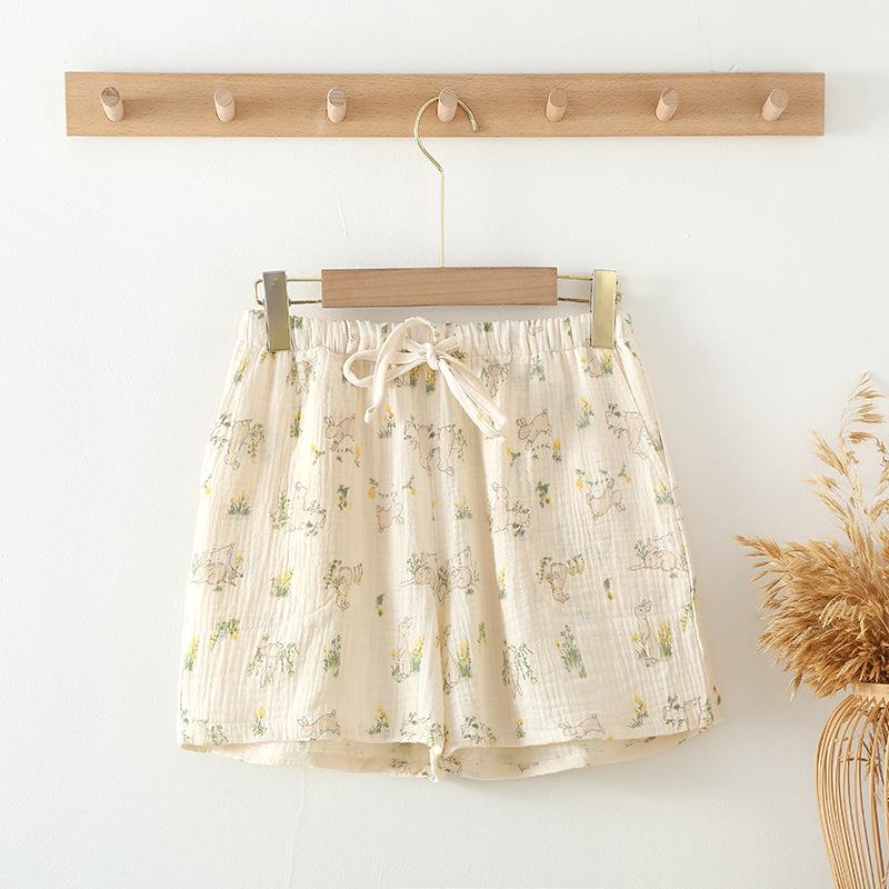 Women's summer pure cotton cotton Japanese printed thin shorts summer pajama pants home pants loose outer wear