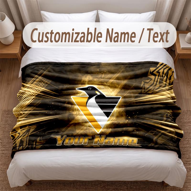 Pittsburgh Penguins Printed Flannel Blanket Custom Name Text Soft Warm Throw For Bedroom Holiday Gift