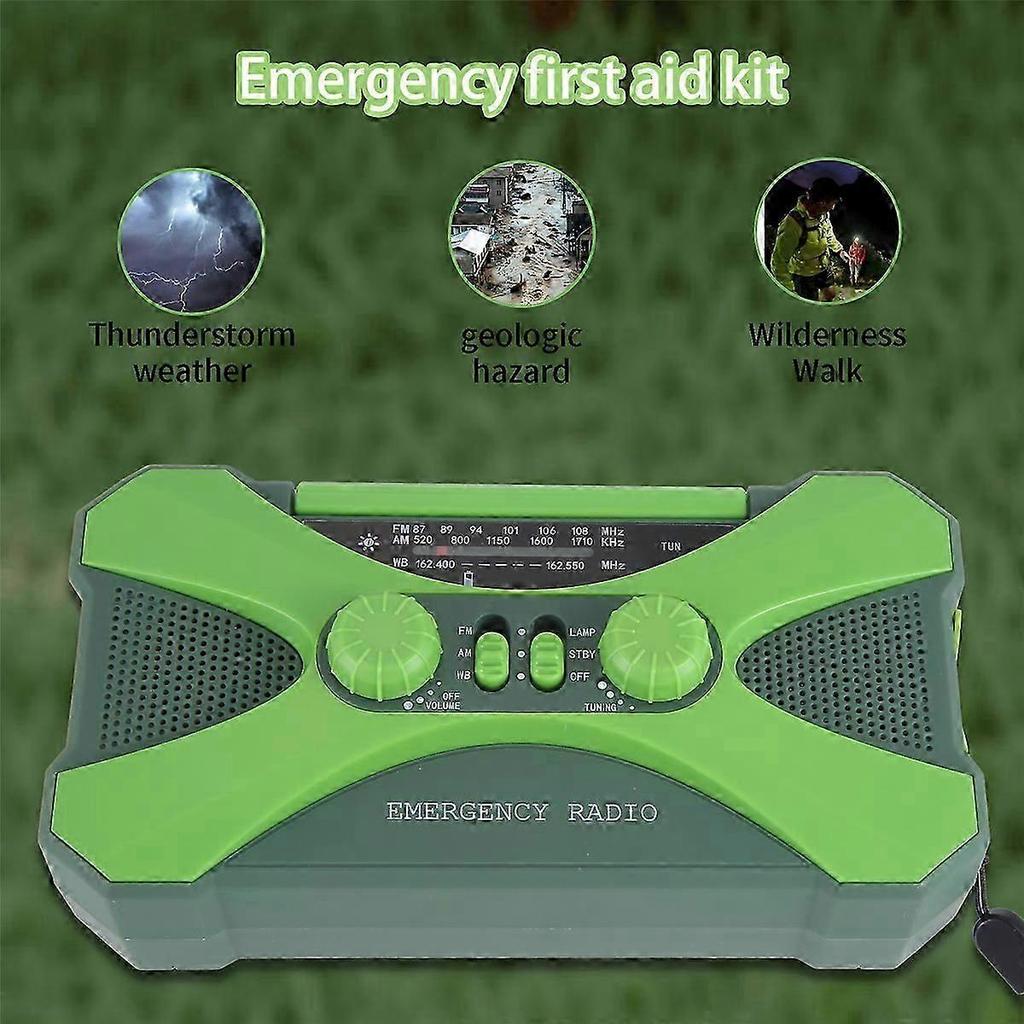 10000MAh Emergency Radio, Solar Hand Crank with Charger, LED Green