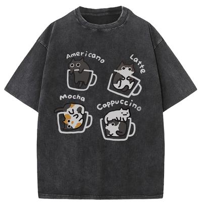 Katzenkaffee Reines Baumwollshirt Sommer Locker Kurzärmeliges T-Shirt Männer Frauen Latte Katze Drei Blumen Lustige Katzen-T-Shirts