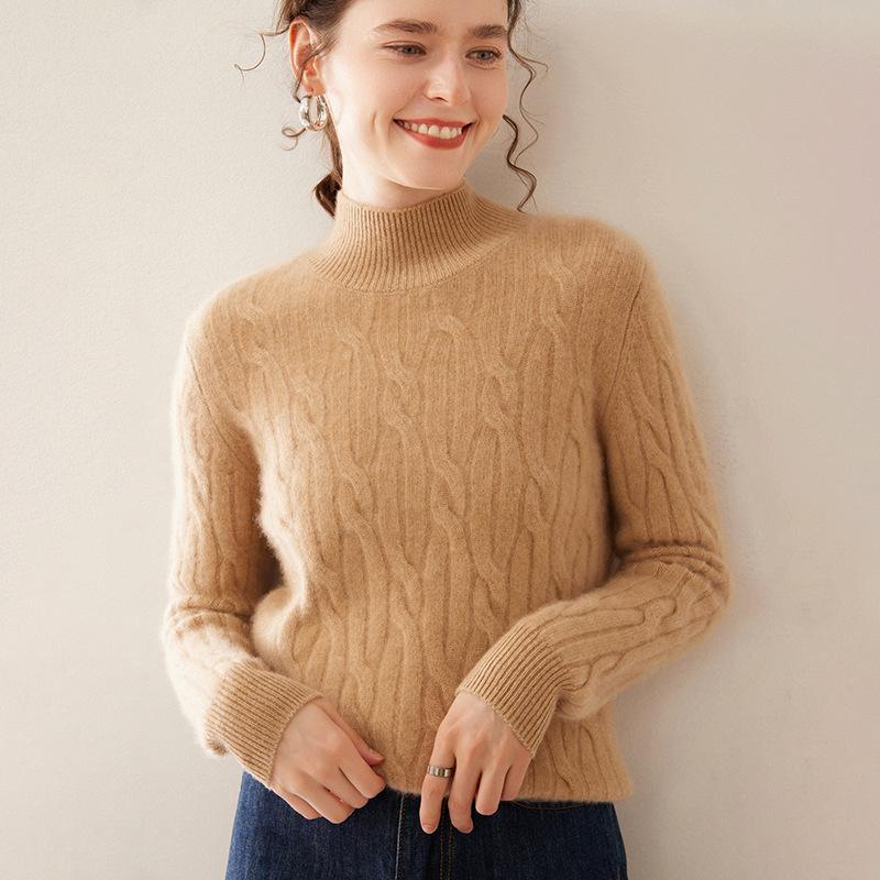 Women's Cashmere Cable Knit Sweater: Autumn/Winter Long Sleeve, Loose Fit, Half-High Neck, Thick and Warm Base Layer.