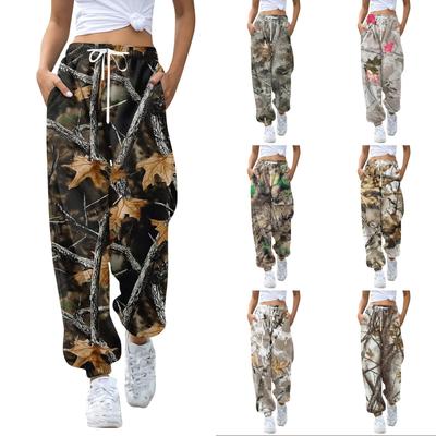 Women's Casual Leaf Print Jogger Pants with Drawstring Elastic Waist and Tapered