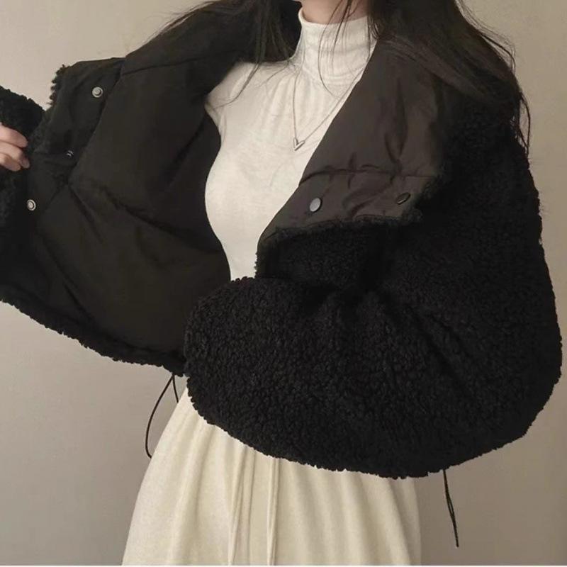 Women's Double-Sided Lambswool Cotton Puffer Jacket - Short Lapel, Loose Fit, Korean Style, Long Sleeve Winter Coat