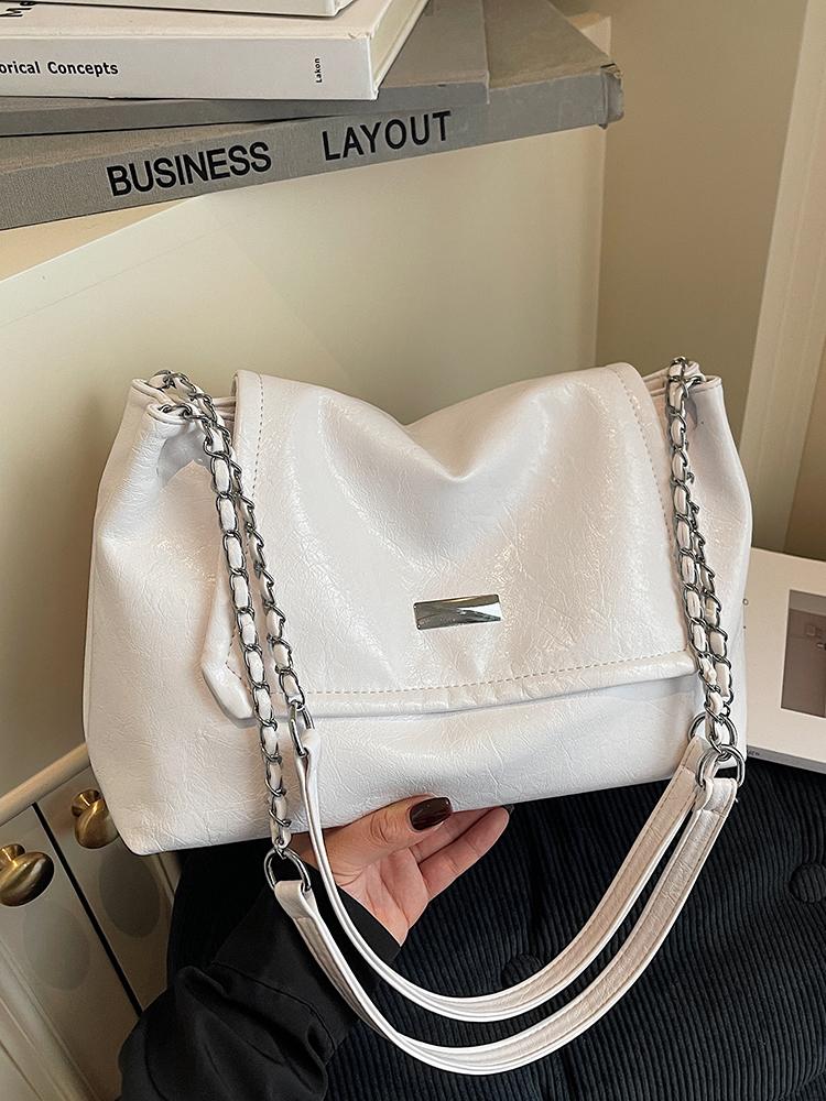 Trendy Buckle Women's One Shoulder Bags Black Large Capacity Chain Crossbody Pack Simple PU Leather Casual Female Handbags