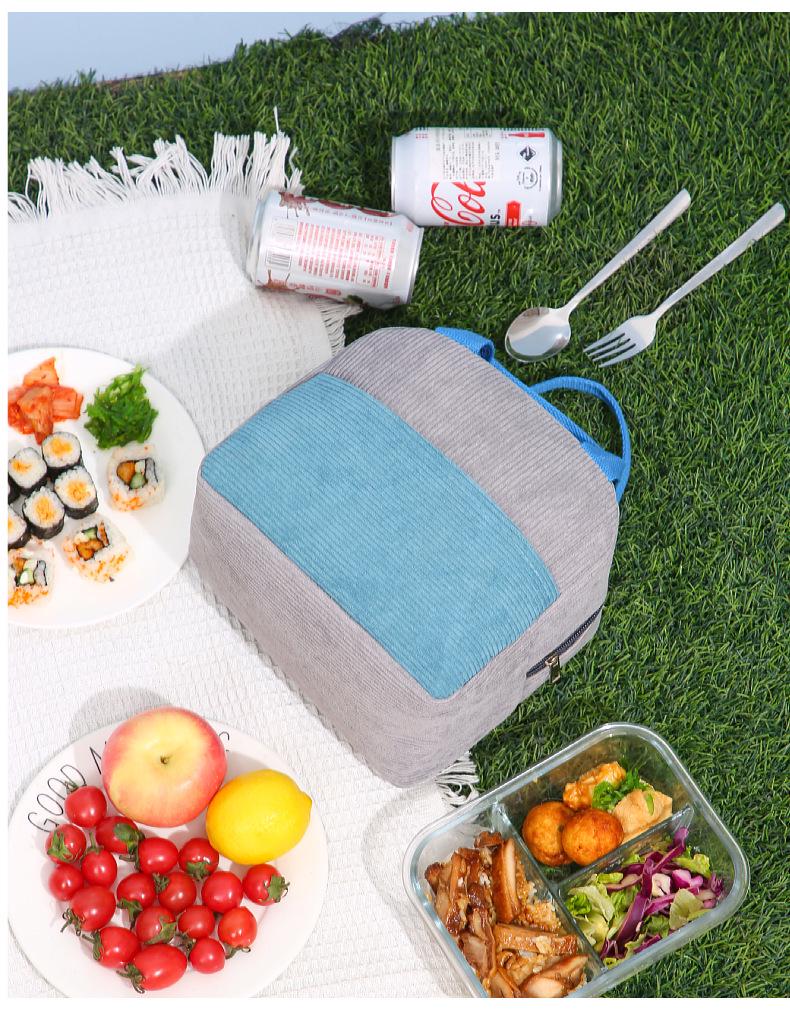 Corduroy Color Block Insulated Lunch Bag for Work, School, Outdoor Travel, or Picnic