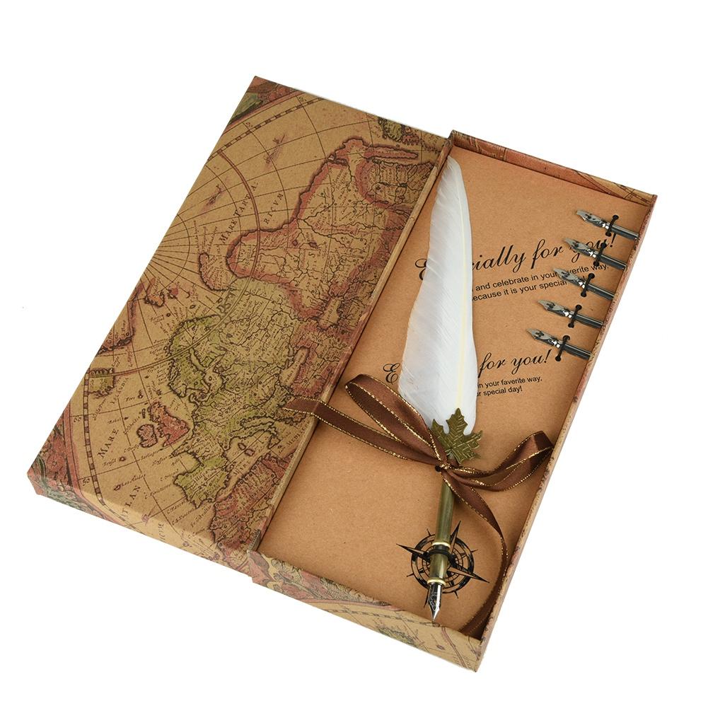 European Retro   Quill Alloy Pen Dip Nib Calligraphy Writing Pen Gift Set With Ink Bottle