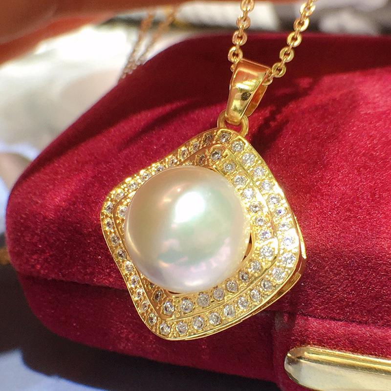 18K Gold Plated Freshwater Pearl Pendant for Women, Large Round, High Luster, Double Row Diamond Micro-Set, Fashionable Style 202.