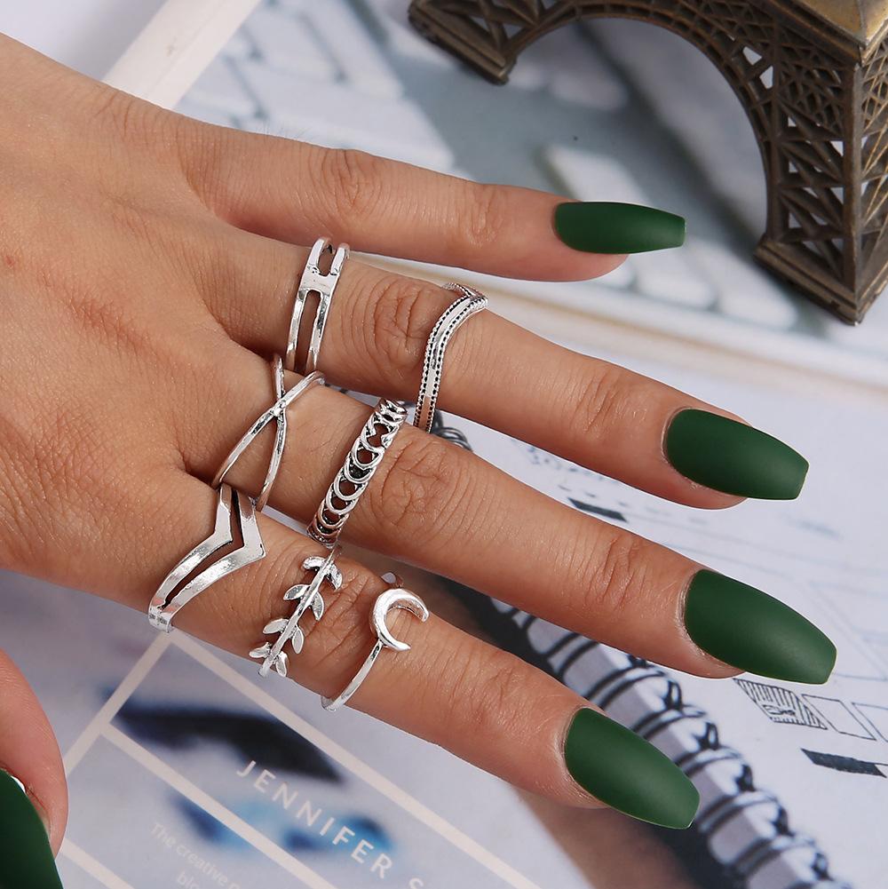 Bohemia Green Stone Finger Ring Set For Women Geometric Moon Owl Knuckle Rings Girls Fashion Jewelry Gift