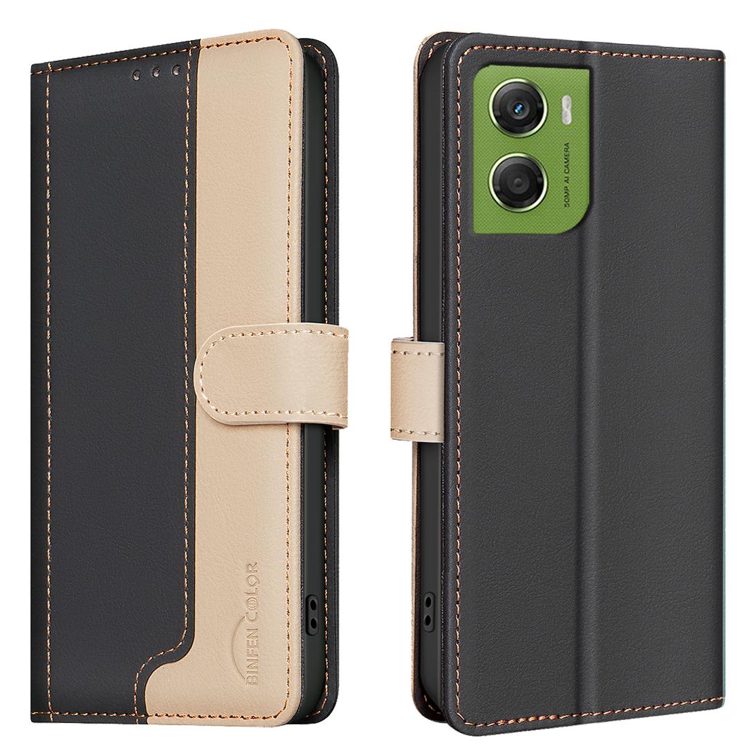 

Для Motorola Moto G06 4G Шкіряний чохол BINFEN COLOR Зшивання кольорів Гаманець з RFID-блокуванням Підставка Чохол для телефону