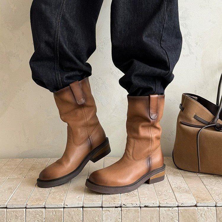 Martin boots women's trendy new retro tooling boots short boots niche western design polished round head denim autumn and winter