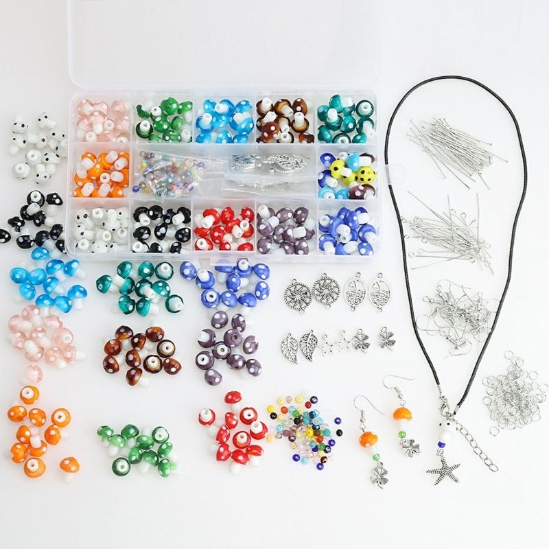 120X Mixed Mushroom Charm Bead Spacer Loose Beads with Clear Elastic Thread Pendant Hook for Jewelry Making DIY Supplies
