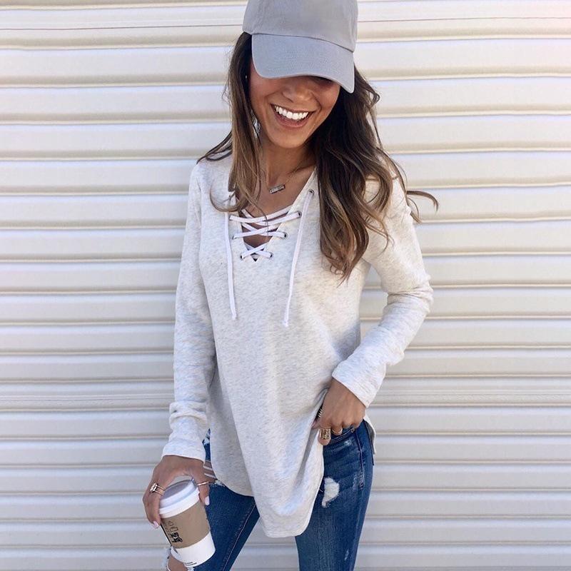 Spring and Autumn Women's Blouse Solid Color V-Neck Tie Loose Long Sleeve Top