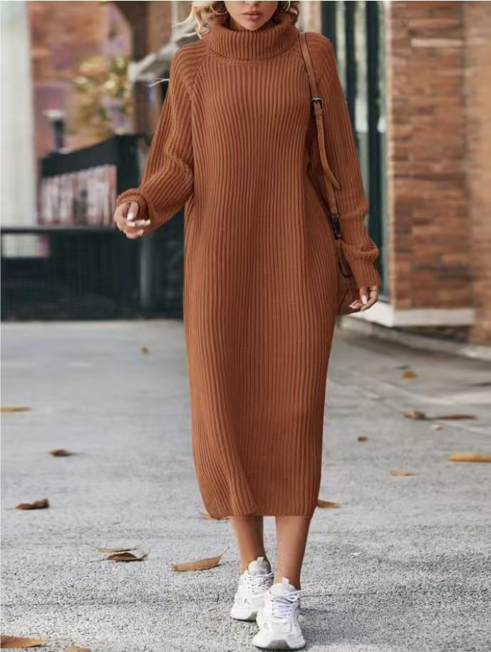 2023 Long Sweater Skirt Over Knee Loose High Neck Knitted Dress Women's Bottom Dress
