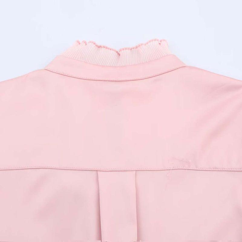 Kaslead New Arrival Women's Fashion Style Fashion Satin Chiffon Flounce Trim Lace Up Long Sleeves Shirt