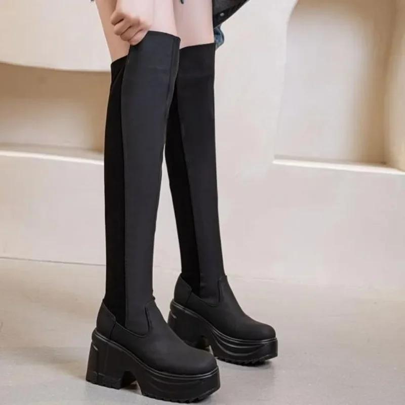 Fashion 10CM Synthetic Cloth Streth Fabric Women Platform Wedge Fashion British Spring Boots Knee High Boots Leather Autumn Shoes