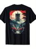 Japanese Pagoda Temple Sunrise Graphic Tee Men Casual Cotton Short Sleeve TShirt