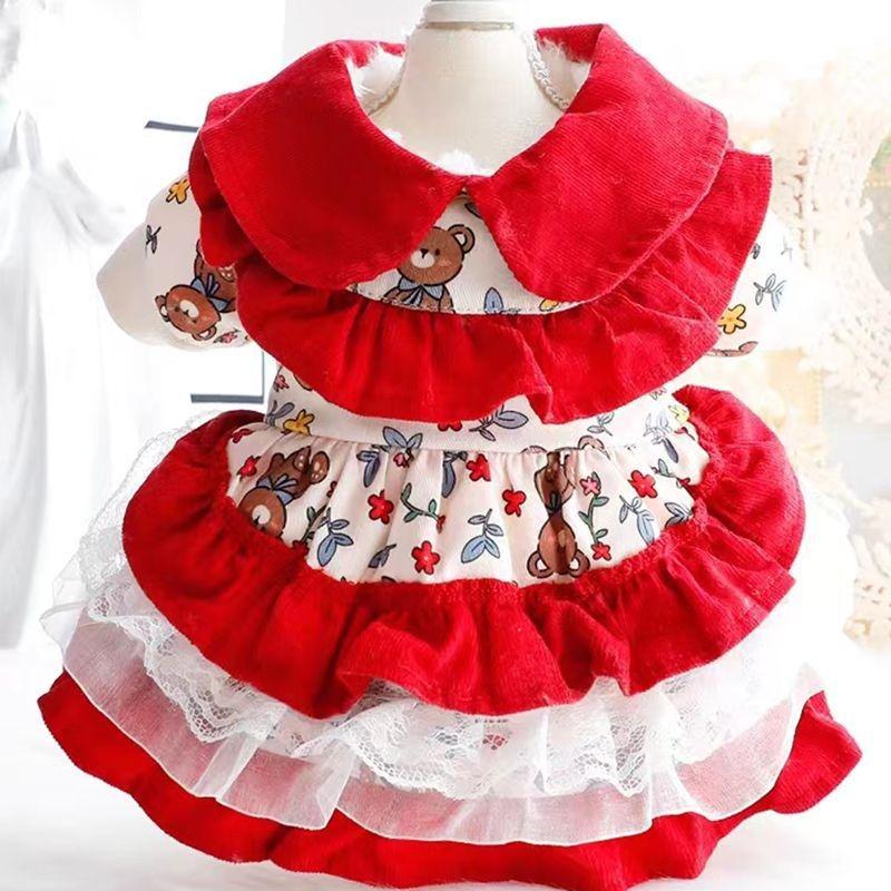 Dog Clothes Autumn and Winter Velvet Warm Double-layer Four-legged Small and Medium-sized Dog Red Lace Skirt Hairless Cat Princess Skirt